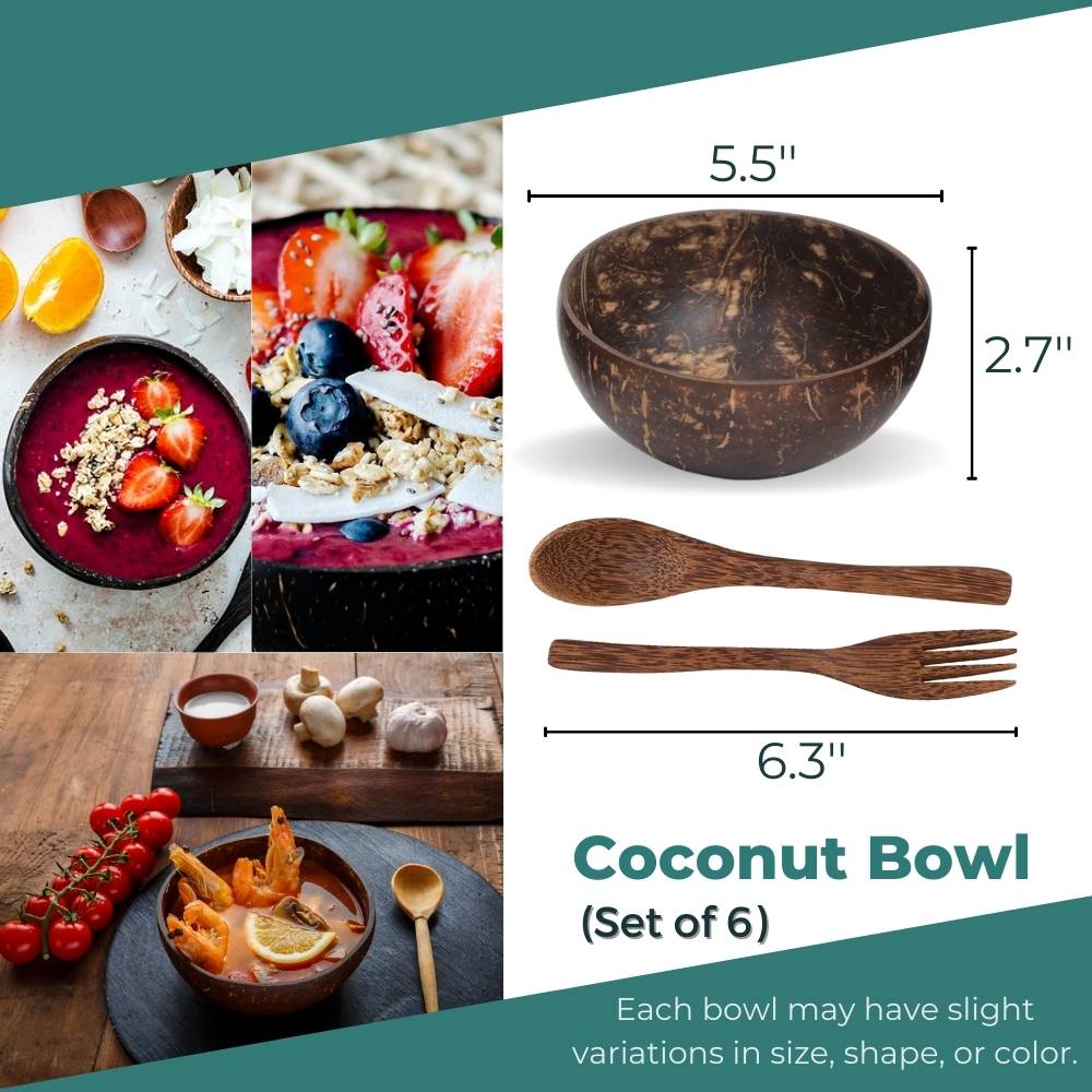 Natural Coconut Bowls With Spoons And Forks Set of 6 For Smoothie, V